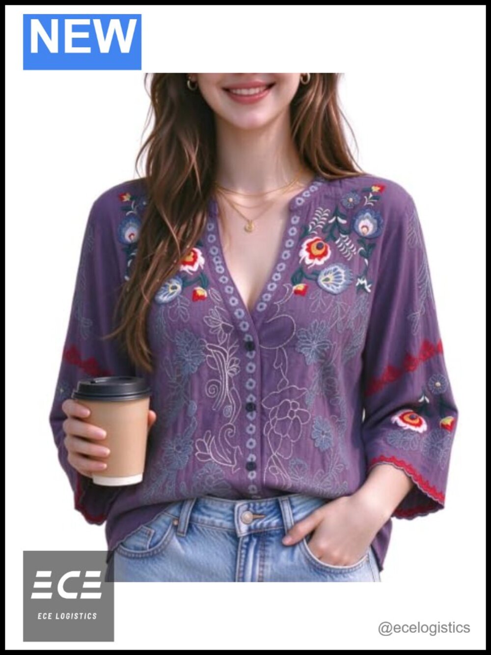 Womens Embroidered Peasant Blouse 3/4 Sleeve V Neck Boho Tunic Top